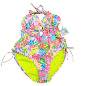 BLU C Woman’s Vibrant Floral Women's Halter One Piece Swimsuit Tropical 3X NWT
